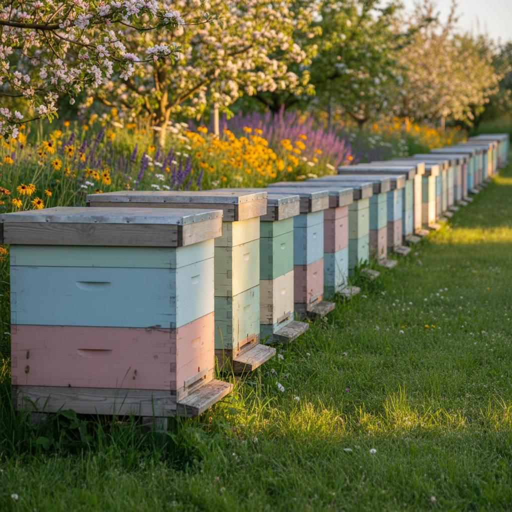 An expansive photographic scene of several traditional wooden beehives painted in muted pastel tones, neatly aligned on a lush green meadow edge near Eltingen. Each hive shows subtle wear in the wood grain, signaling long-term sustainable use. Behind them, flowering regional plants and fruit trees create a soft, natural backdrop. Late afternoon golden hour light bathes the hives, casting long, gentle shadows across the grass and highlighting the textures of wood and wildflowers. Captured from a slightly low angle with rule-of-thirds composition, the image feels calm, professional, and authentically rural, with sharp focus on the front hive and a gradually softening background for depth.