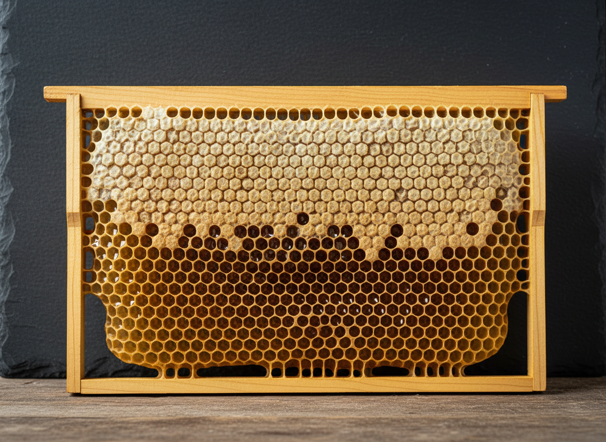 A detailed photographic close-up of a perfectly formed honeycomb frame removed from a beehive, every wax cell filled with translucent amber honey. The wooden frame has smooth, sanded edges and subtle tool marks, hinting at careful, sustainable craftsmanship. It is propped upright against a simple dark slate backdrop on a rustic wooden surface. Overcast, diffused studio lighting from the left side creates even illumination, revealing intricate hexagonal patterns and gentle reflections in the honey. The composition is centered and symmetrical, with sharp focus throughout for a technical, professional look that suits a modern beekeeping business website, emphasizing precision and quality.